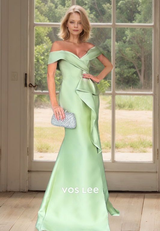 Mint Green Off Shoulder Mermaid Ruffled Sweep Train Satin Mother of the Formal Dress