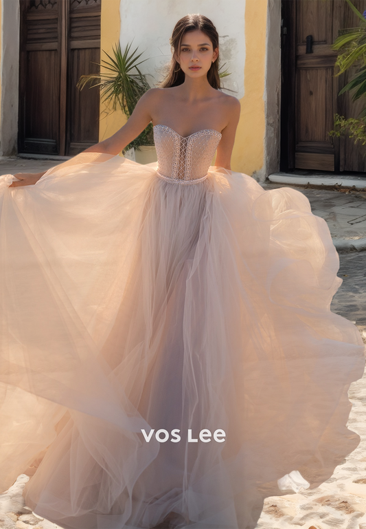 Gorgeous A-Line Sweetheart Lace Up Sleeveless Pleated Sequins Tulle Wedding Bride Dress