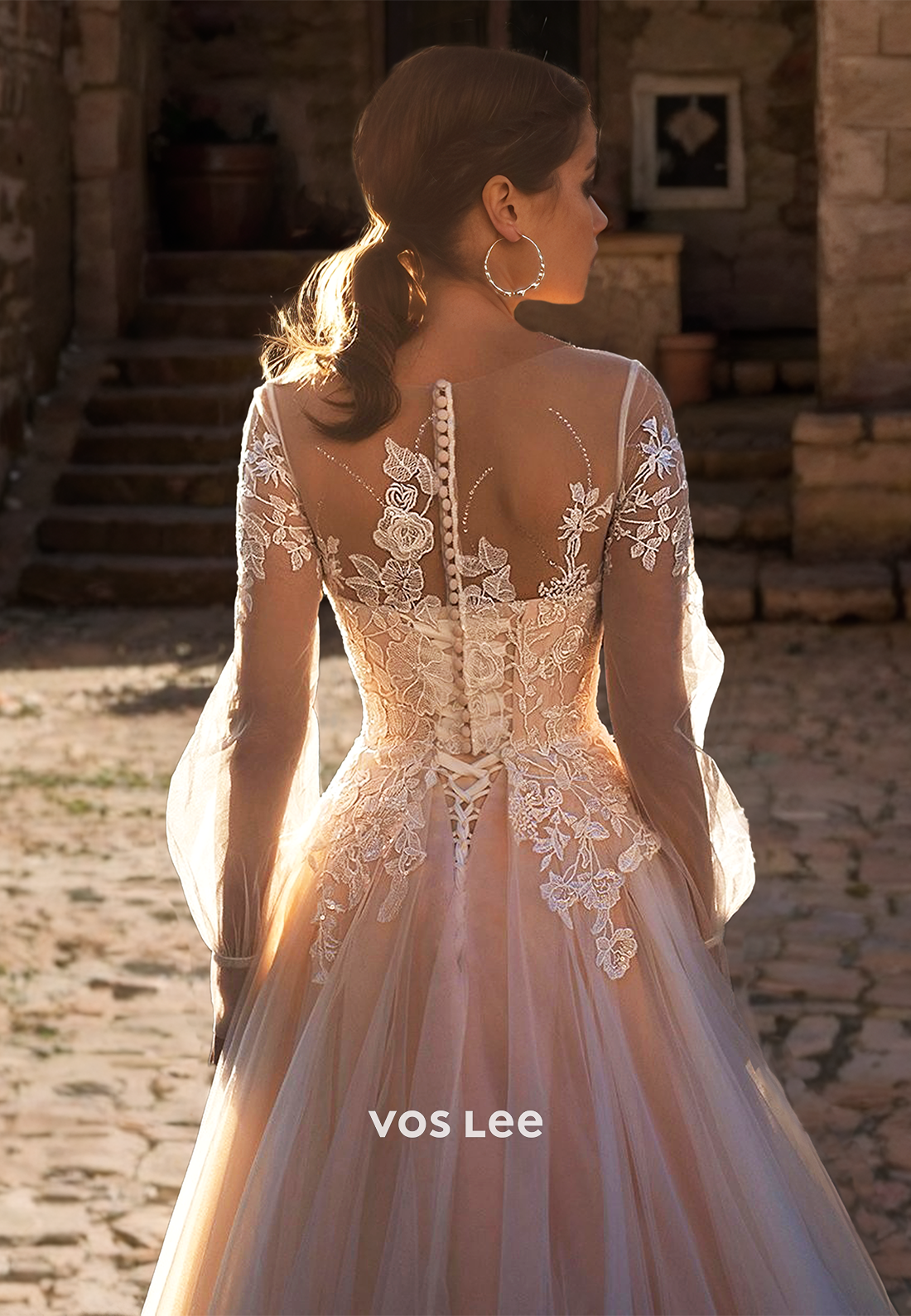 Ornate A-Line Long Sleeves Illusion Bateau Lace Appliques Pleated Court Train Tulle Wedding Gown