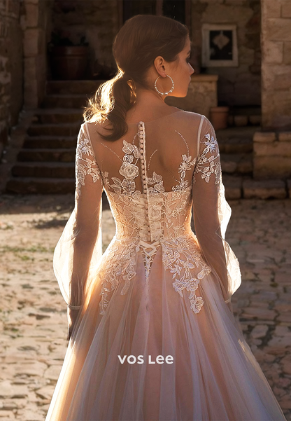 Ornate A-Line Long Sleeves Illusion Bateau Lace Appliques Pleated Court Train Tulle Wedding Gown