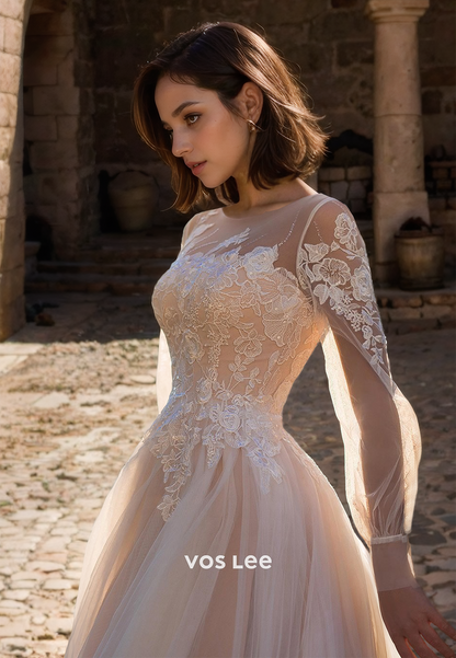 Ornate A-Line Long Sleeves Illusion Bateau Lace Appliques Pleated Court Train Tulle Wedding Gown