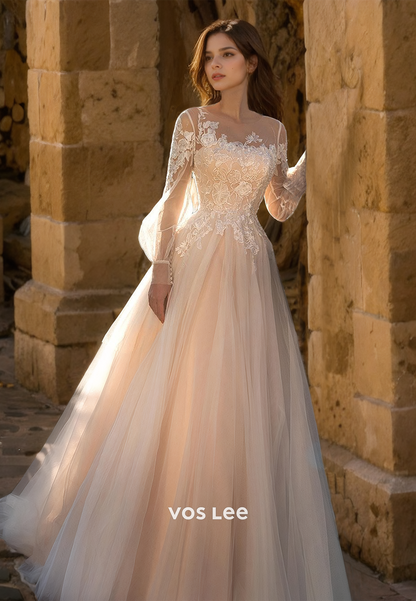 Ornate A-Line Long Sleeves Illusion Bateau Lace Appliques Pleated Court Train Tulle Wedding Gown