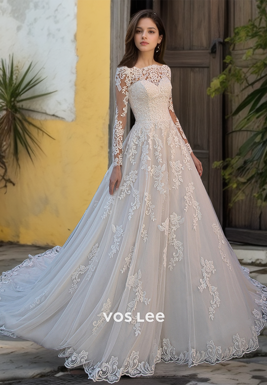 Luxury A-Line Long Sleeves Bateau Lace Appliques Draped Court Train Tulle Wedding Bride Gown