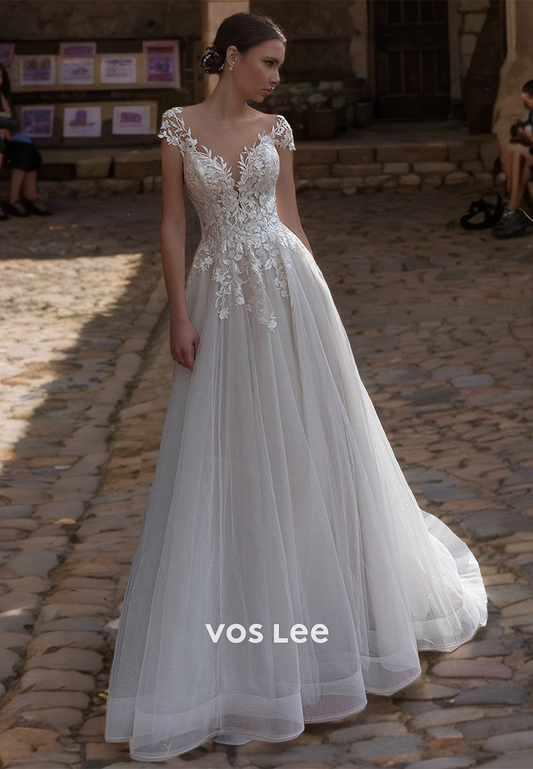 Graceful A-Line Cap Sleeves Plunging V Neck Illusion Backless Lace Appliques Tulle Wedding Gown