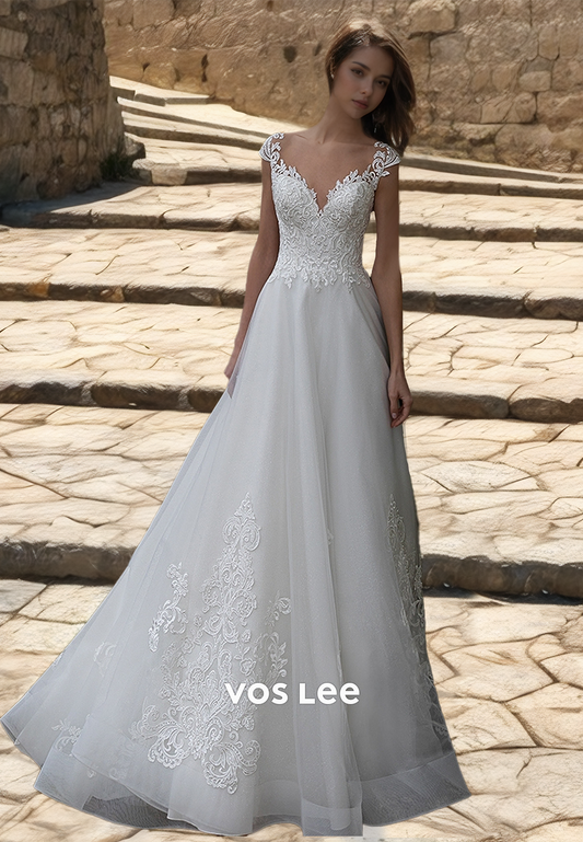 Elegant Plunging V Neck Illusion A-Line Bazk Zipper Cap Sleeves Lace Appliques Tulle Wedding Dress