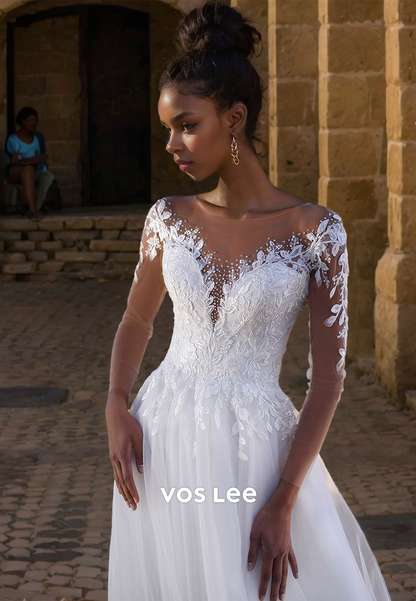 Modest Deep V Neck Illusion A-Line Long Sleeves  Beaded Lace Appliques Wedding Bride Dress