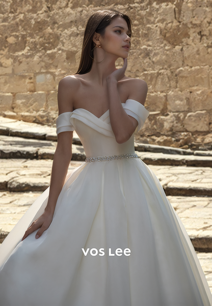 Charming Off Shoulder A-Line Lace Up Pleated Sleeveless Court Train Satin Wedding Gown