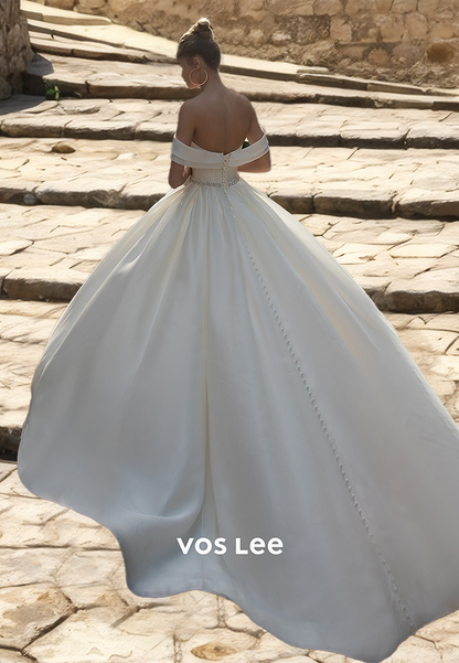 Charming Off Shoulder A-Line Lace Up Pleated Sleeveless Court Train Satin Wedding Gown