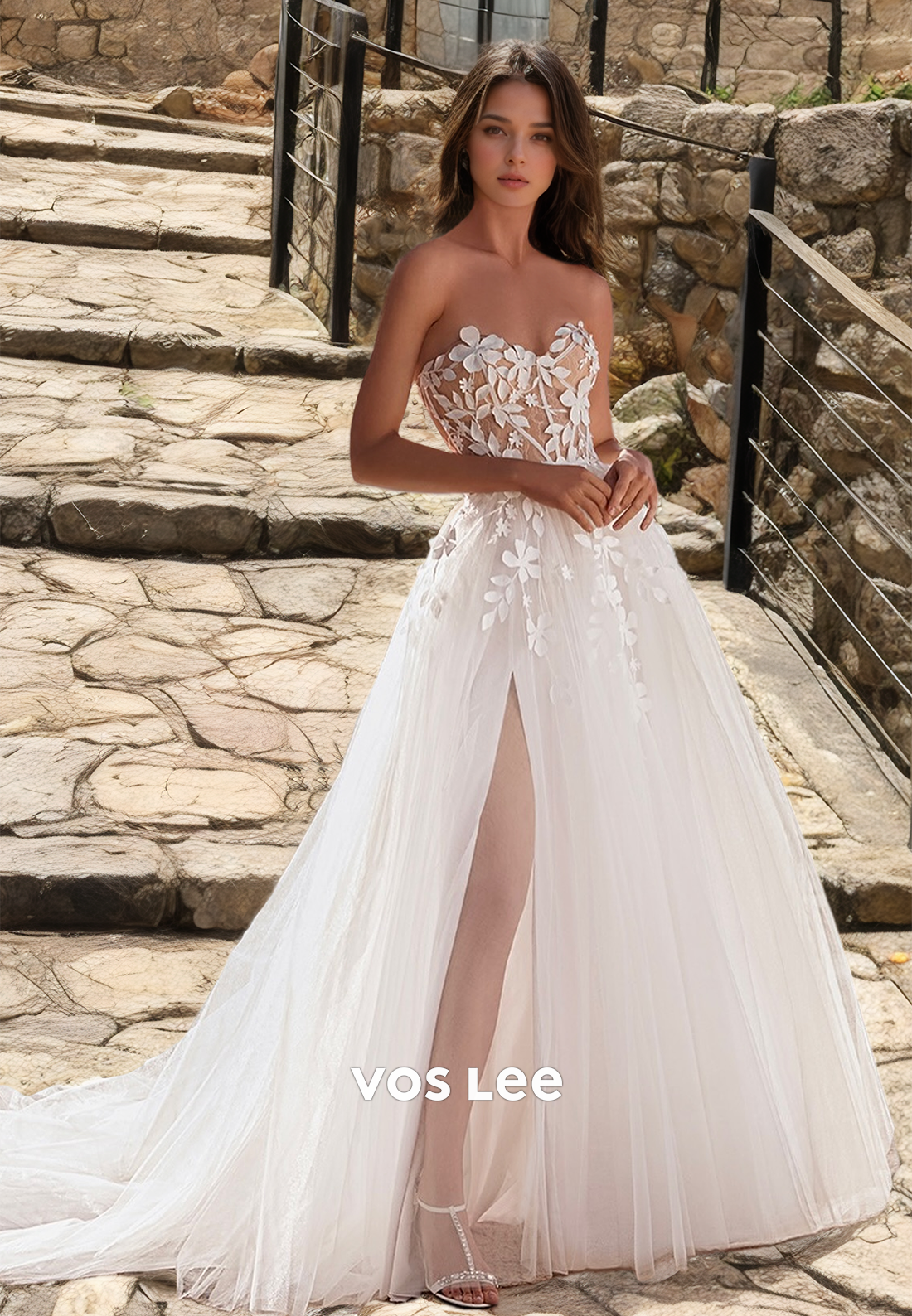 Dreamy Sweetheart A-Line Backless High Split Lace Appliques Ruched Court Train Tulle Wedding Dress