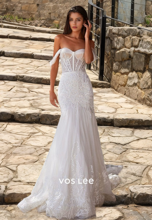 Sparkly Column Off Shoulder Lace Up Appliques Sequins Court Train Draped Tulle Wedding Gown