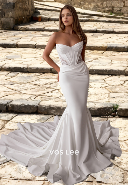 Unique Sheath Strapless Back Zipper Lace Appliques Ruched Court Train Satin Wedding Bride Dress