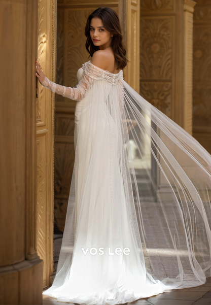 Elegant Sheath Off Shoulder Long Sleeves Sweep Train Beaded Draped Satin Tulle Wedding Dress