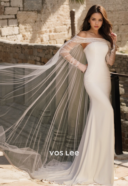 Elegant Sheath Off Shoulder Long Sleeves Sweep Train Beaded Draped Satin Tulle Wedding Dress