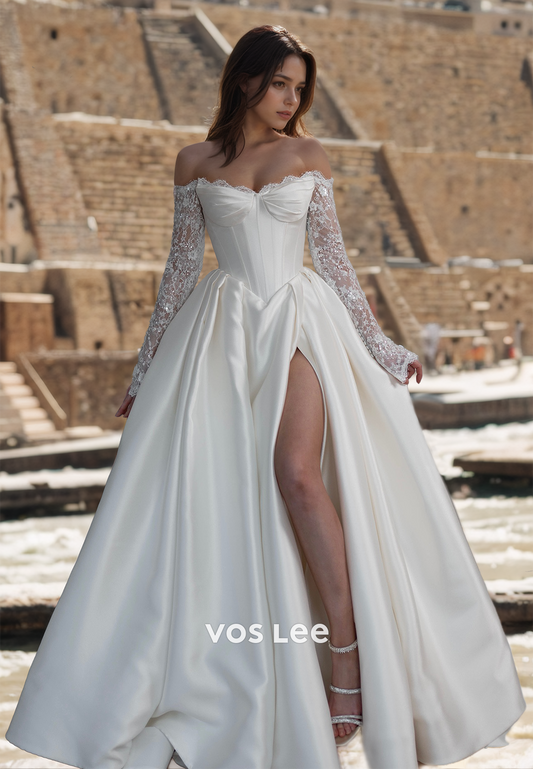 Gorgeous A-Line Off Shoulder Long Sleeves Lace Appliques Sequins High Split Satin Wedding Gown