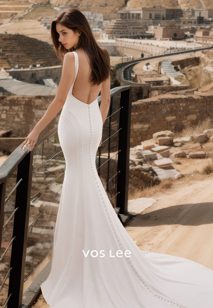 Vintage V Neck Spaghetti Straps Backless Draped Court Train Sleeveless Satin Wedding Dress