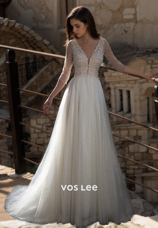 Luxury A-Line Plunging V Neck Illusion Half Sleeves Beaded Lace Appliques Sequins Wedding Dress