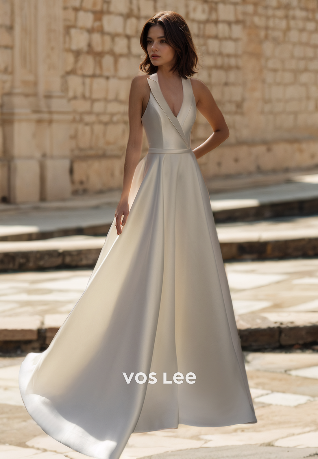 Sexy V Neck A-Line Sleeveless Court Train Draped Backless Zipper Satin Wedding Bride Dress