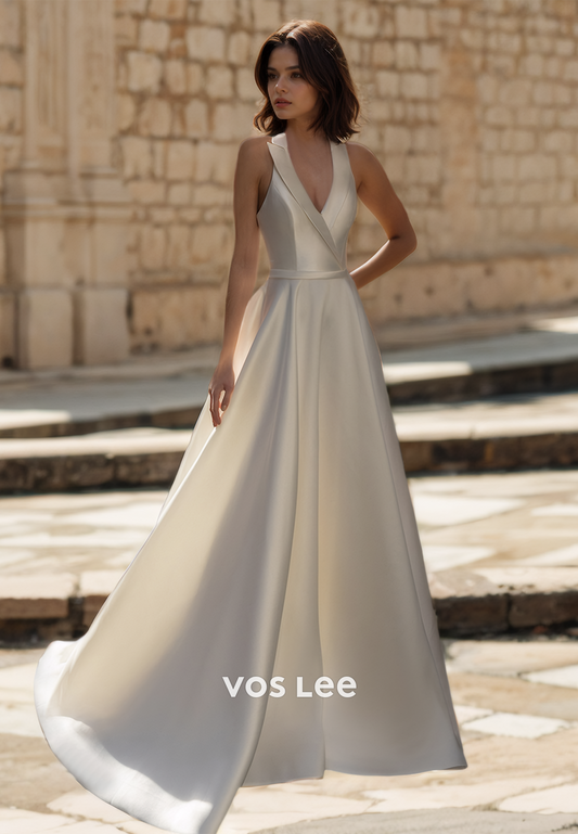 Sexy V Neck A-Line Sleeveless Court Train Draped Backless Zipper Satin Wedding Bride Dress