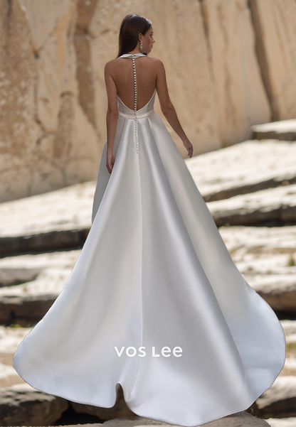 Sexy V Neck A-Line Sleeveless Court Train Draped Backless Zipper Satin Wedding Bride Dress