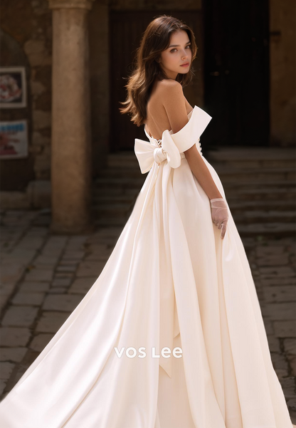 Elegant A-Line Off Shoulder Lace Up High Split Bow Pleated Court Train Satin Wedding Dress