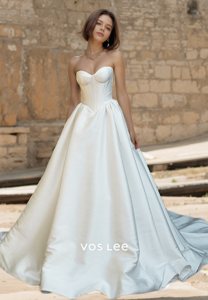 Simple Sweetheart A-Line Sleeveless BacK Zipper Court Train Ruched Satin Wedding Bride Gown