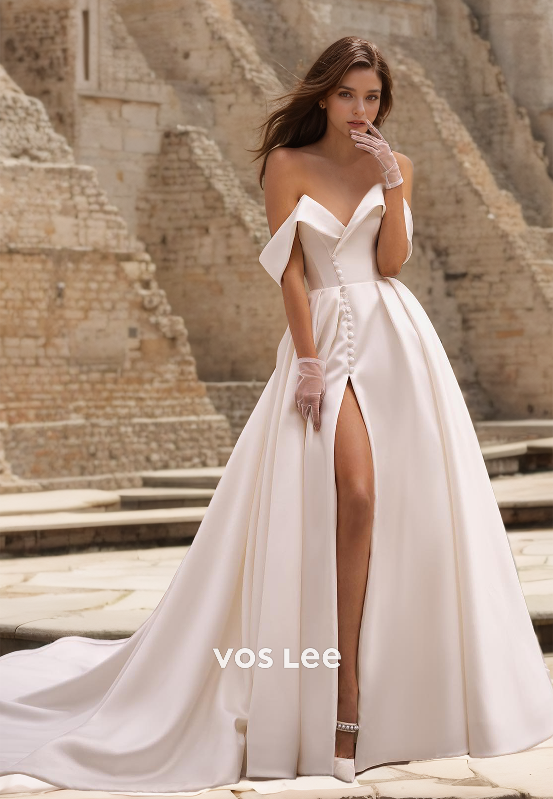 Elegant A-Line Off Shoulder Lace Up High Split Bow Pleated Court Train Satin Wedding Dress