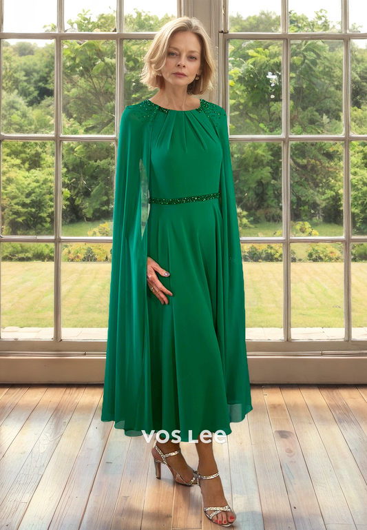 Dark Green A-Line Scoop Neck Tea Length Ruched Satin Mother of the Formal Dress