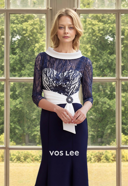 Ornate Column Scoop Neck Long Sleeves High Low Lace Mother of the Evening Dress