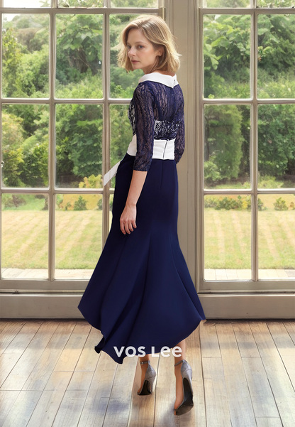 Ornate Column Scoop Neck Long Sleeves High Low Lace Mother of the Evening Dress