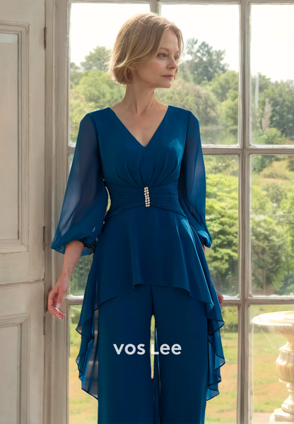 Elegant Jumpsuits V Neck Long Sleeves Back Zipper Mother of the Bride Dress
