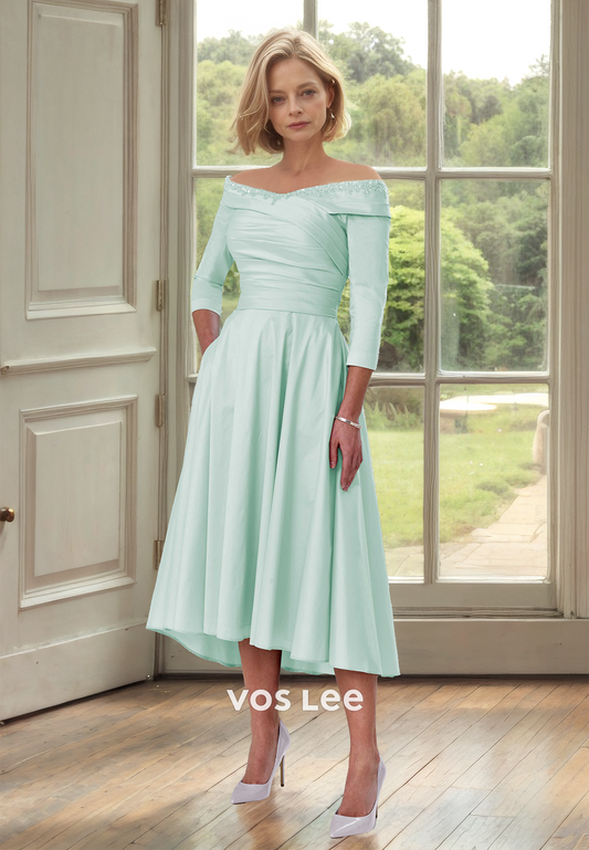 A-Line Mint Green Off Shoulder Long Sleeves Pleated Lace Mother of the Bride Dress