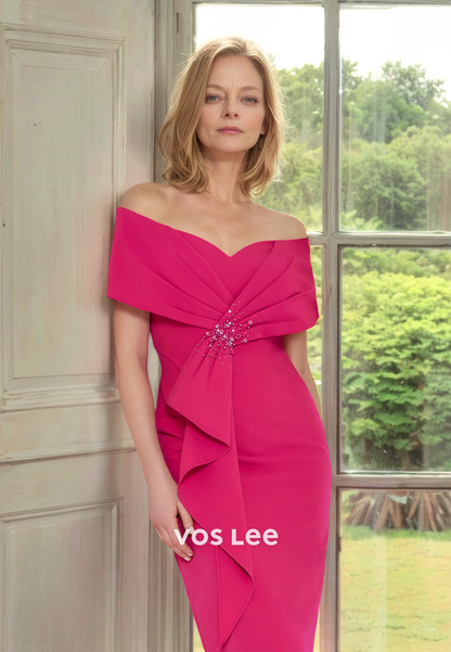 Simple Column Off Shoulder Tea Length Ruffled Sequins Mother of the Bride Dress