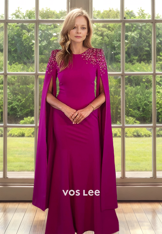 Unique Scoop Neck Column Long Sleeves Sequins Satin Mother of the Bride Dress