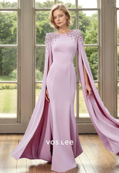 Unique Scoop Neck Column Long Sleeves Sequins Satin Mother of the Bride Dress