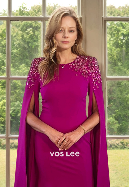 Unique Scoop Neck Column Long Sleeves Sequins Satin Mother of the Bride Dress