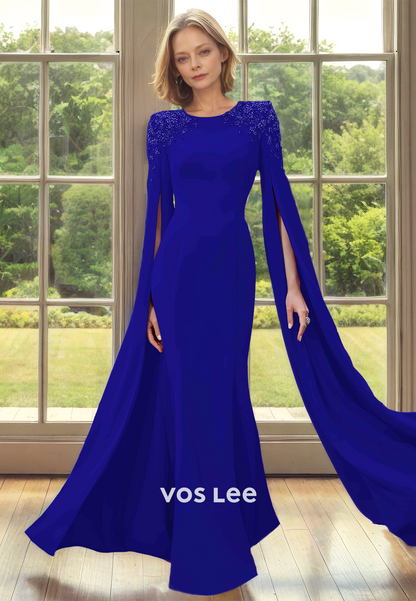 Unique Scoop Neck Column Long Sleeves Sequins Satin Mother of the Bride Dress