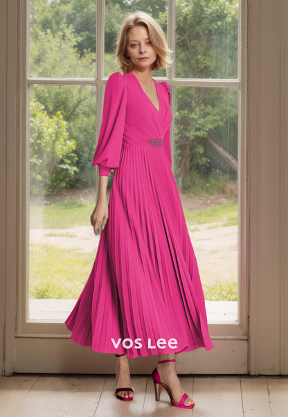 Fuchsia V Neck A-Line Tea Length Long Sleeves Pleated Mother of the Bride Dress