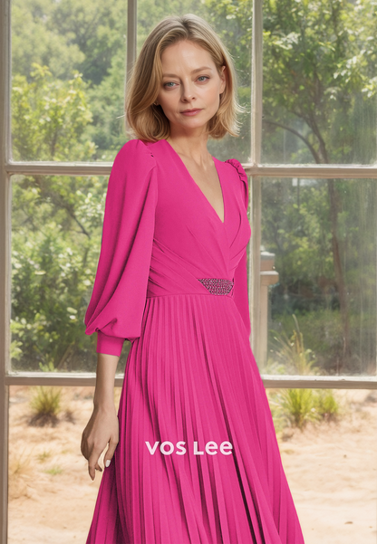 Fuchsia V Neck A-Line Tea Length Long Sleeves Pleated Mother of the Bride Dress