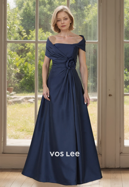 Elegant A-Line Off Shoulder Floral Embossed Ruched Mother of the Evening Dress