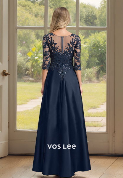 Dark Navy V Neck A-Line Sweep Train Pleated Satin Mother of the Party Dress