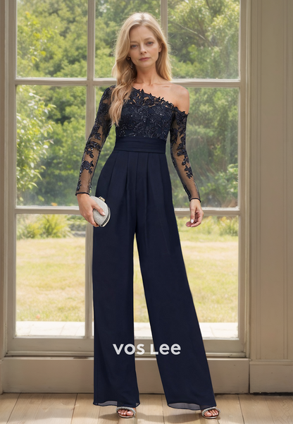 Unique Jumpsuits One Shoulder Lace Appliques Mother of the Formal Dress