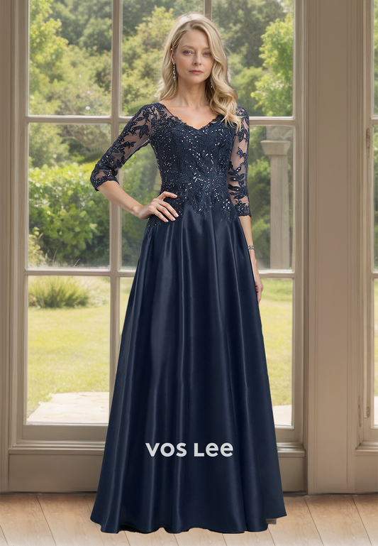 Dark Navy V Neck A-Line Sweep Train Pleated Satin Mother of the Party Dress