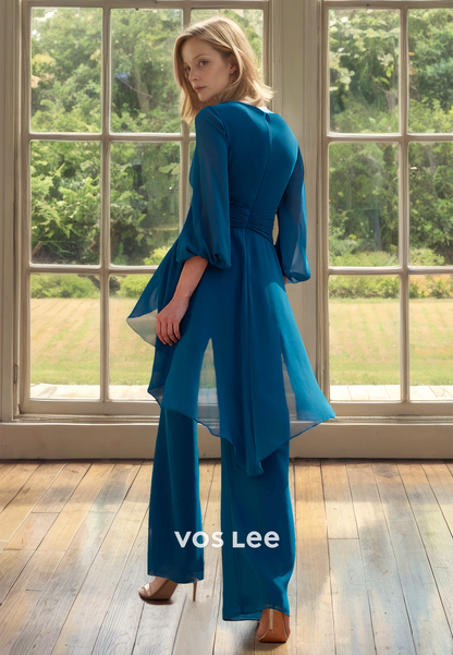 Elegant Jumpsuits V Neck Long Sleeves Back Zipper Mother of the Bride Dress