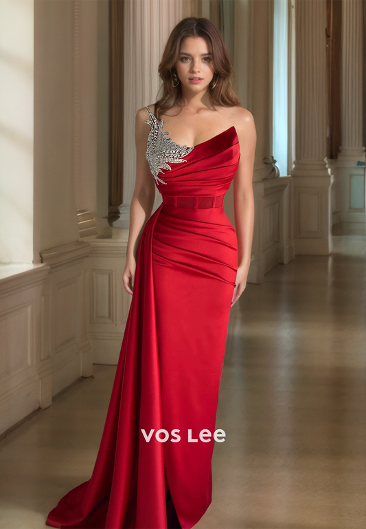 Gorgeous Red Strapless Sheath Sleeveless Beaded Sweep Train Satin Prom Party Dress