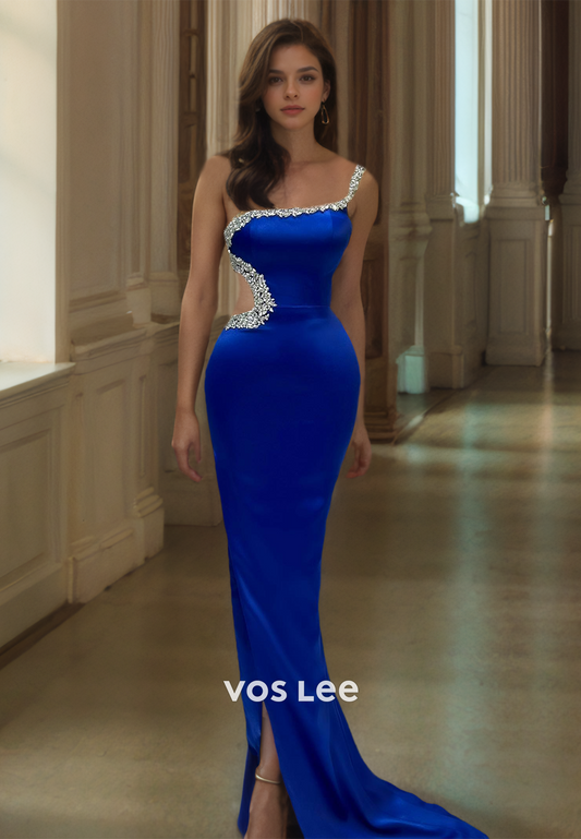 Graceful Royal Blue Asymmetrical Neck Spaghetti Straps Beaded Ruched Prom Formal Dress