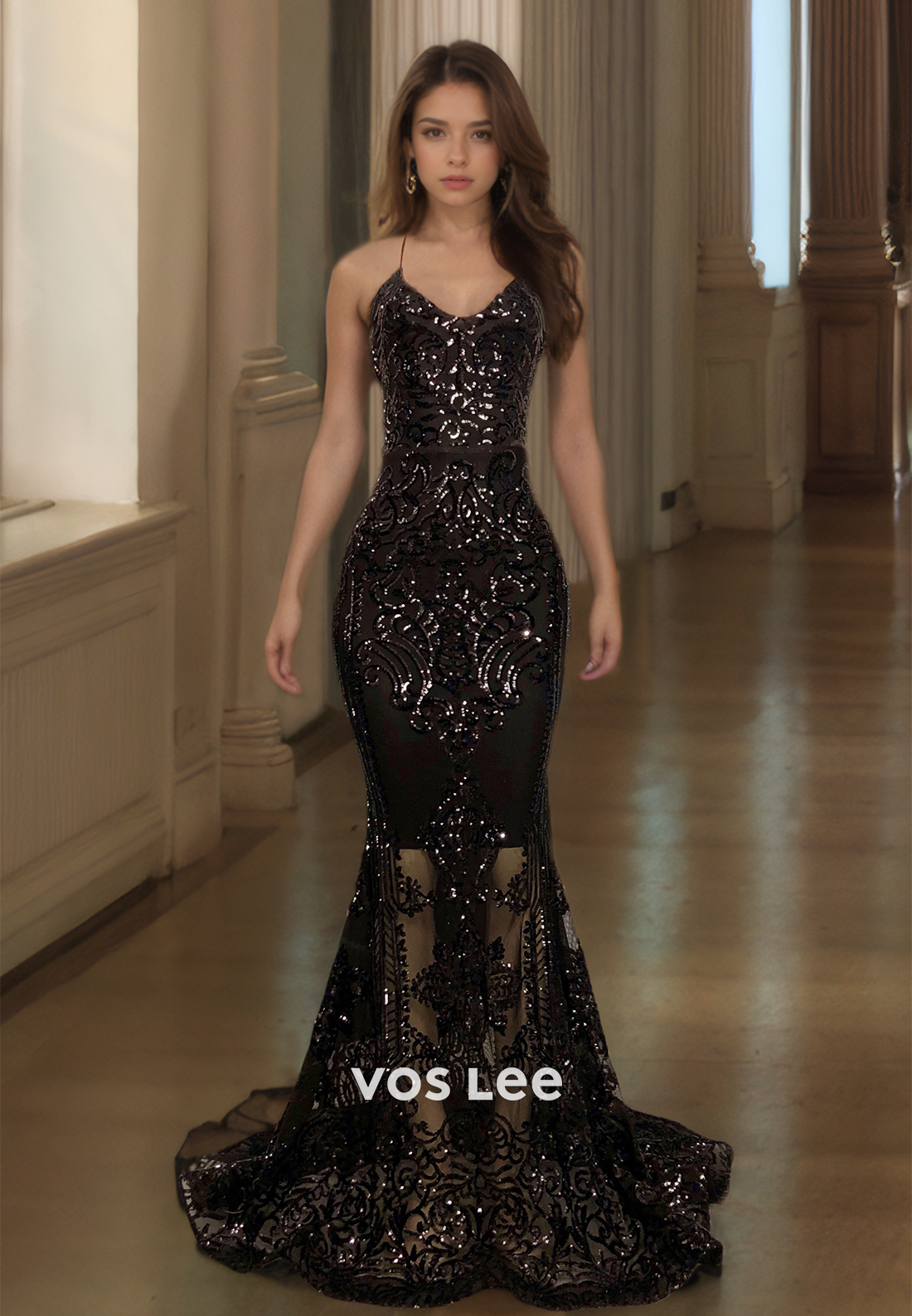 Luxury Sheath V Neck Lace Appliques Sequins Sweep Train Tulle Prom Party Dress