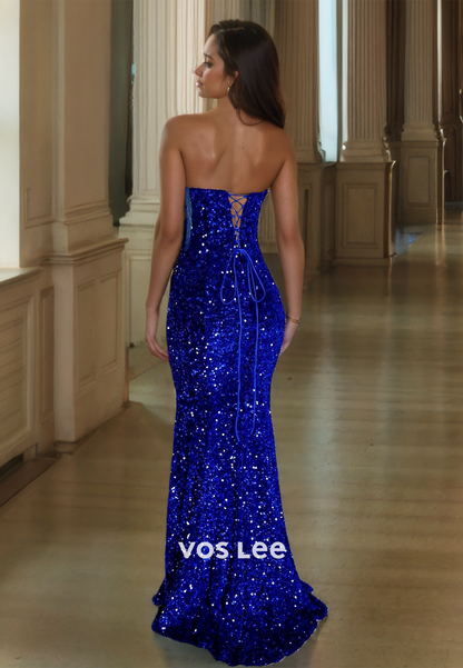 Sparkly V Neck Sleeveless Column Royal Blue Lace Up Mermaid Draped Prom Pageant Dress