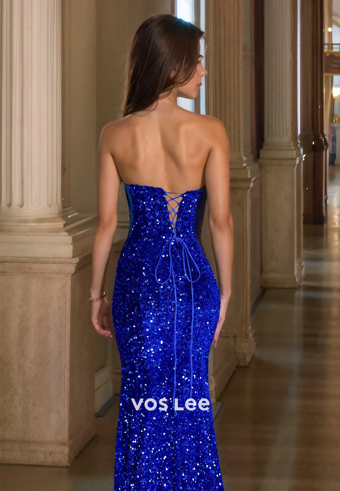 Sparkly V Neck Sleeveless Column Royal Blue Lace Up Mermaid Draped Prom Pageant Dress