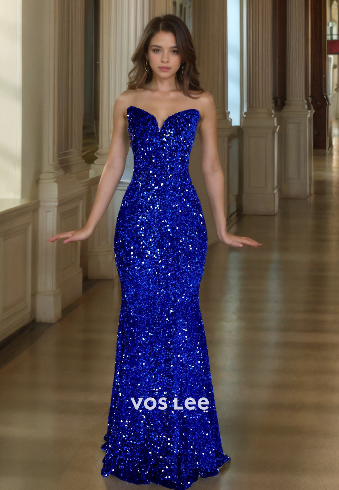 Sparkly V Neck Sleeveless Column Royal Blue Lace Up Mermaid Draped Prom Pageant Dress