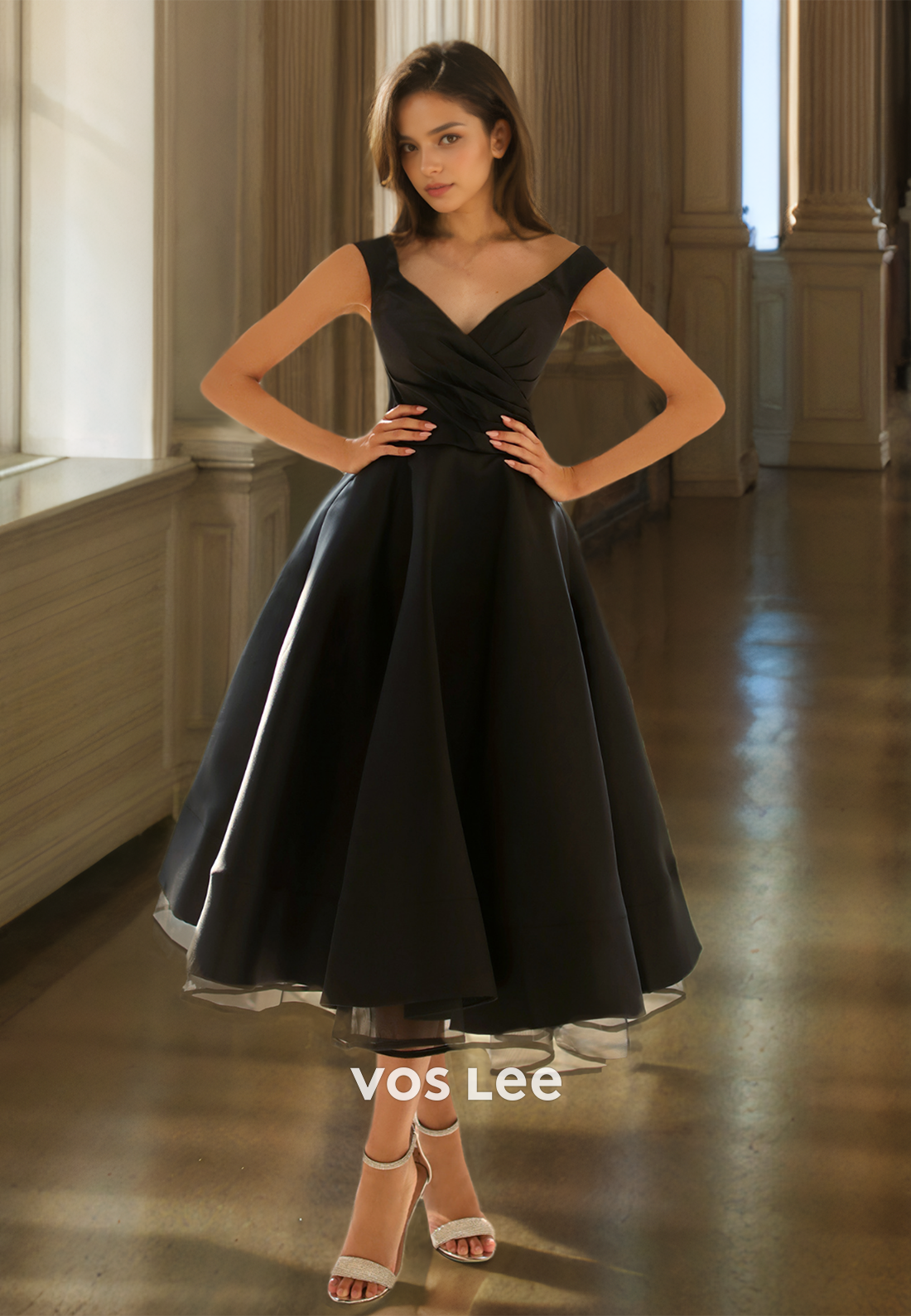 Ornate A-Line Off Shoulder Tea Length Pleated Back Zipper Satin Prom Evening Dress